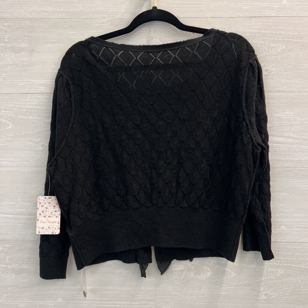 Free People Black Open Knit Cropped Ruffle Detail Cardigan Sweater Large