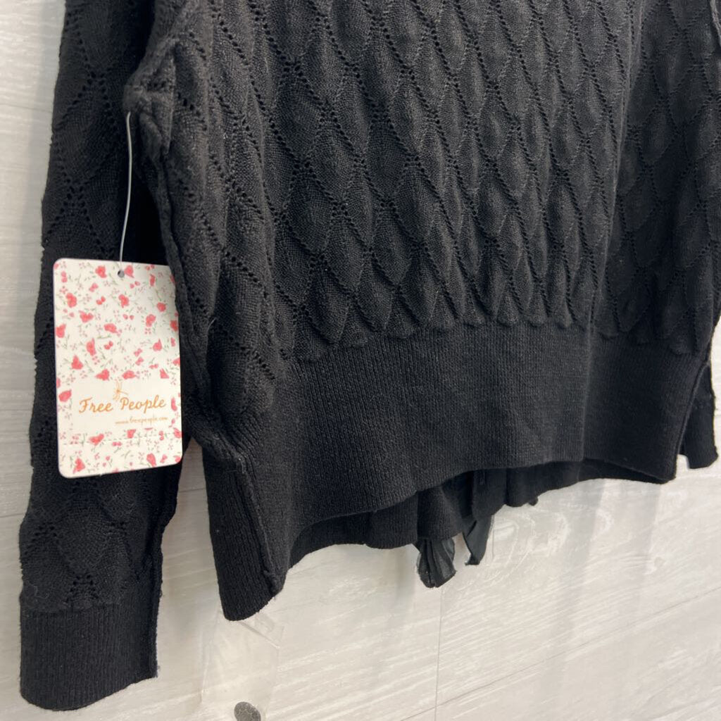 Free People Black Open Knit Cropped Ruffle Detail Cardigan Sweater Large