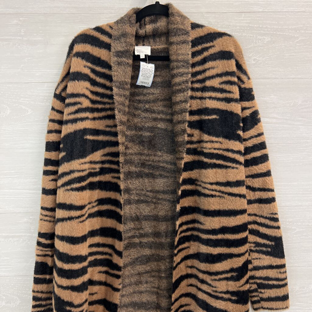 Dee Elly Brown/ Black Print Soft Fuzzy Knit Long Open Front Sweater Large