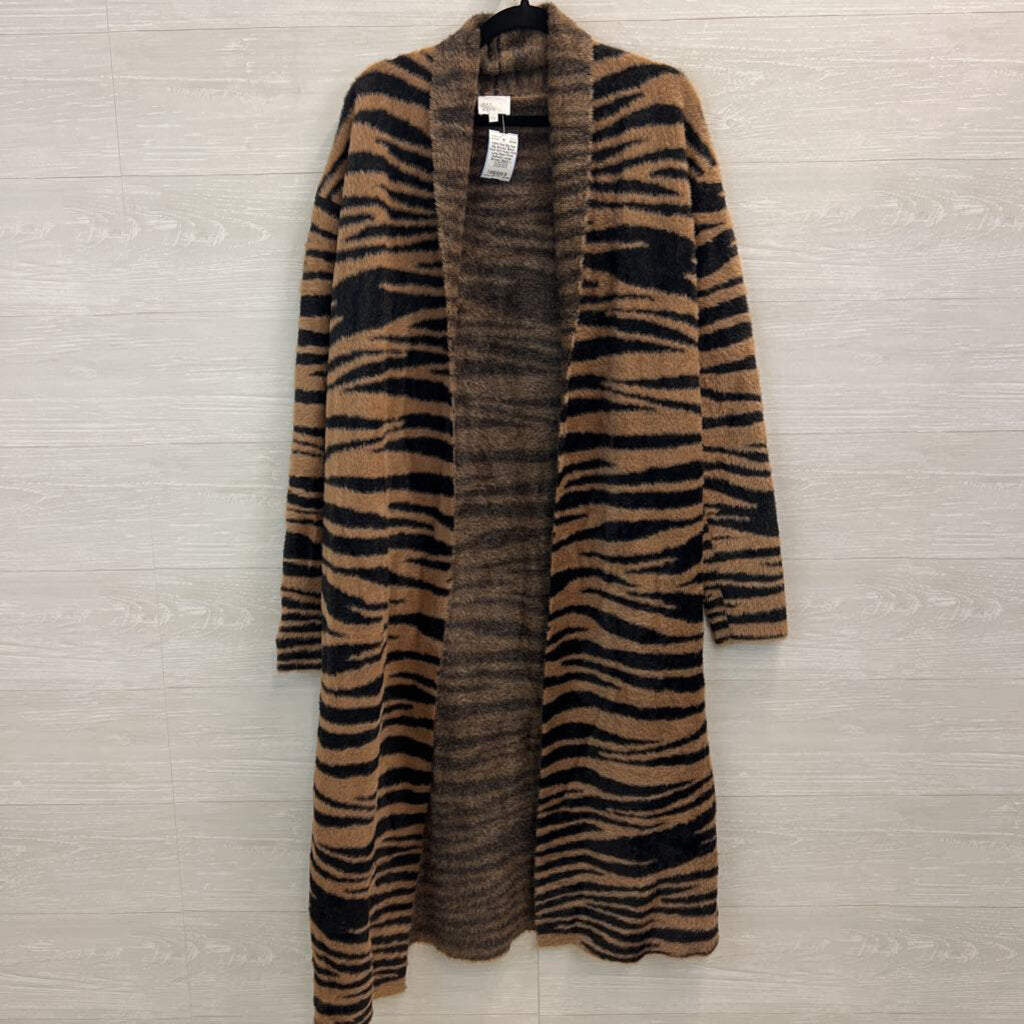 Dee Elly Brown/ Black Print Soft Fuzzy Knit Long Open Front Sweater Large
