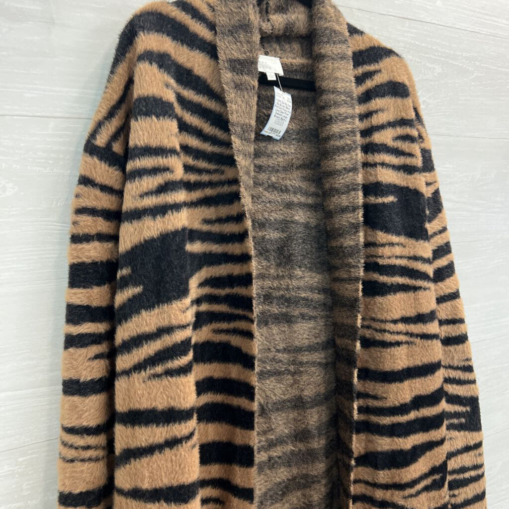 Dee Elly Brown/ Black Print Soft Fuzzy Knit Long Open Front Sweater Large