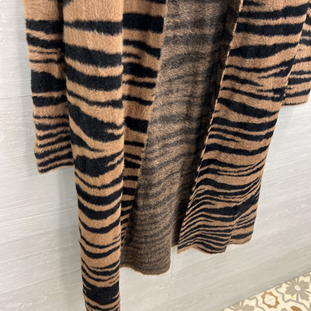 Dee Elly Brown/ Black Print Soft Fuzzy Knit Long Open Front Sweater Large