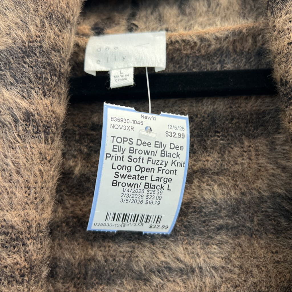 Dee Elly Brown/ Black Print Soft Fuzzy Knit Long Open Front Sweater Large