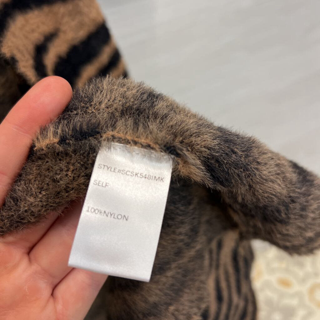 Dee Elly Brown/ Black Print Soft Fuzzy Knit Long Open Front Sweater Large