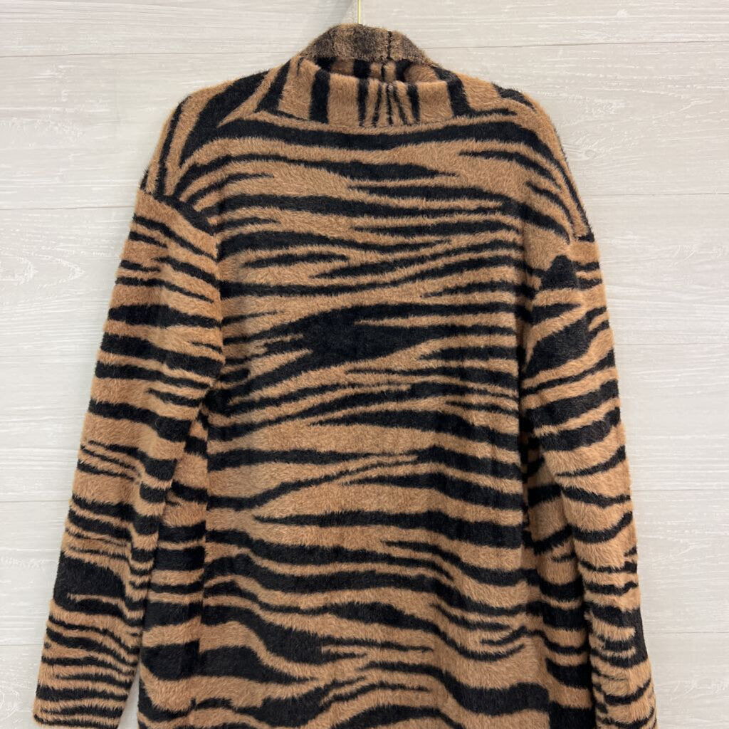 Dee Elly Brown/ Black Print Soft Fuzzy Knit Long Open Front Sweater Large