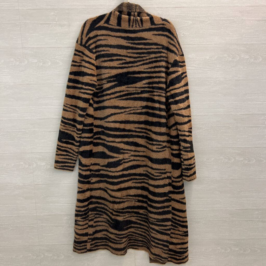 Dee Elly Brown/ Black Print Soft Fuzzy Knit Long Open Front Sweater Large
