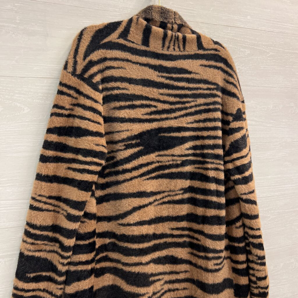 Dee Elly Brown/ Black Print Soft Fuzzy Knit Long Open Front Sweater Large