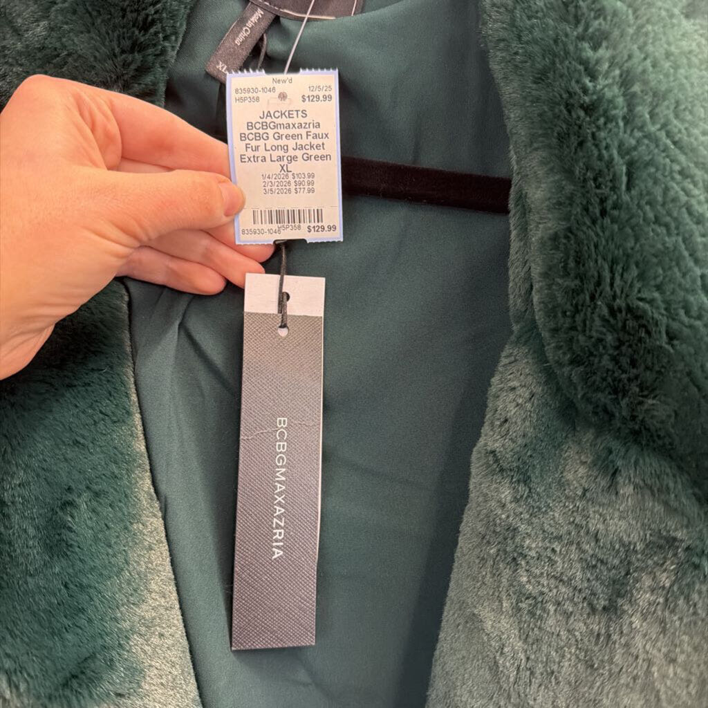 BCBG Green Faux Fur Long Jacket Extra Large