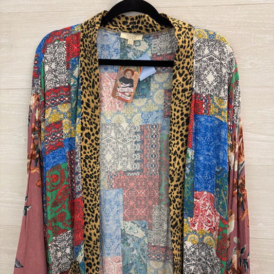 Oddi Multi Color Print Long Sleeve Open Front Kimono Top 1XL/ 2XL