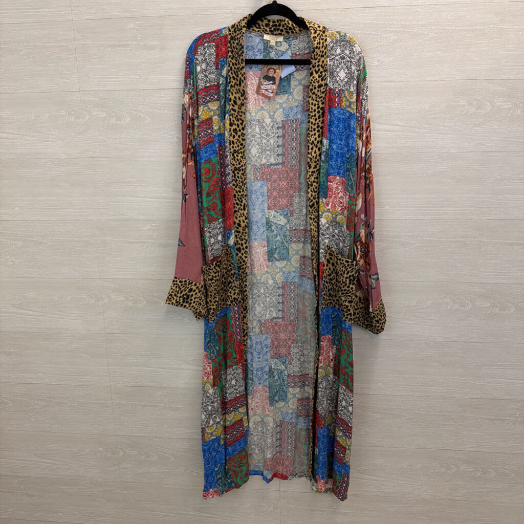 Oddi Multi Color Print Long Sleeve Open Front Kimono Top 1XL/ 2XL