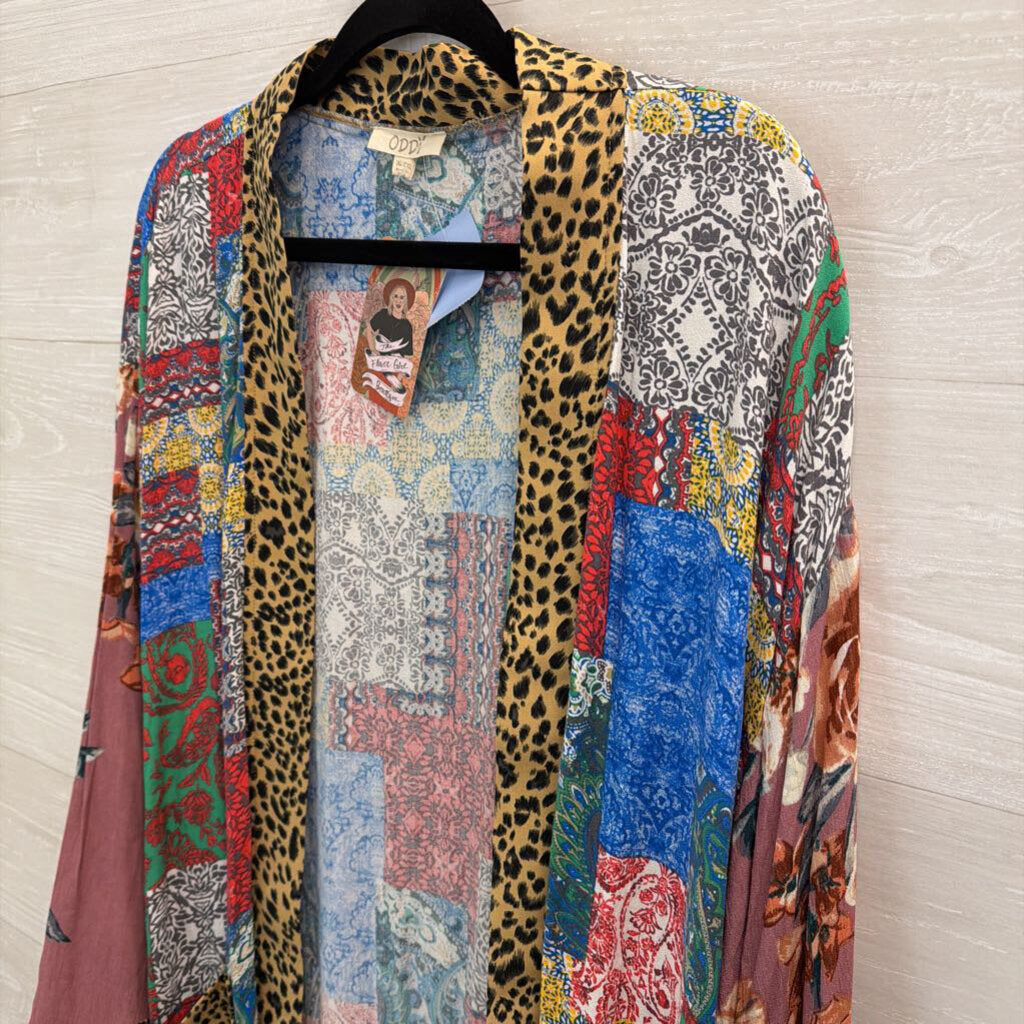 Oddi Multi Color Print Long Sleeve Open Front Kimono Top 1XL/ 2XL