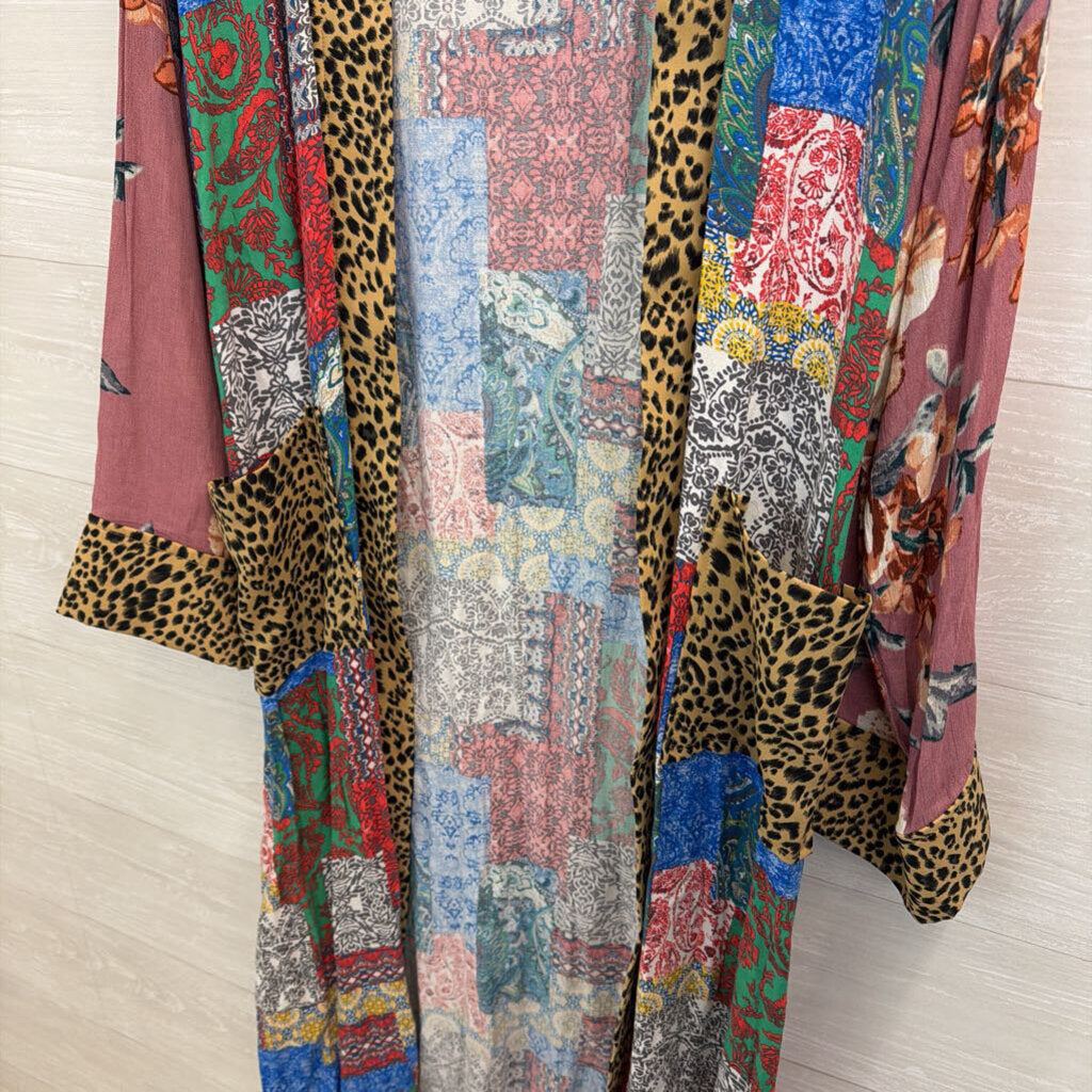 Oddi Multi Color Print Long Sleeve Open Front Kimono Top 1XL/ 2XL