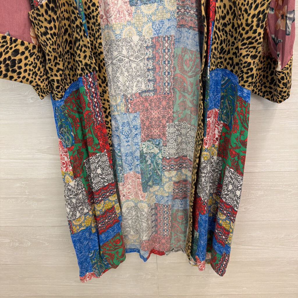 Oddi Multi Color Print Long Sleeve Open Front Kimono Top 1XL/ 2XL
