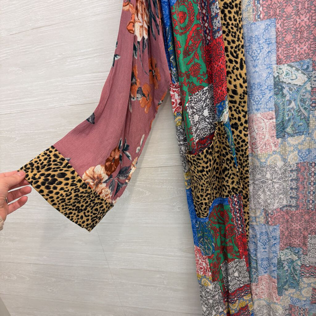 Oddi Multi Color Print Long Sleeve Open Front Kimono Top 1XL/ 2XL