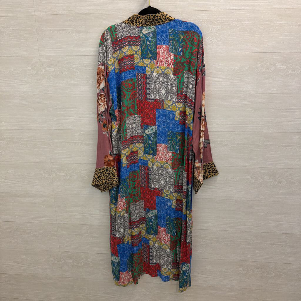 Oddi Multi Color Print Long Sleeve Open Front Kimono Top 1XL/ 2XL
