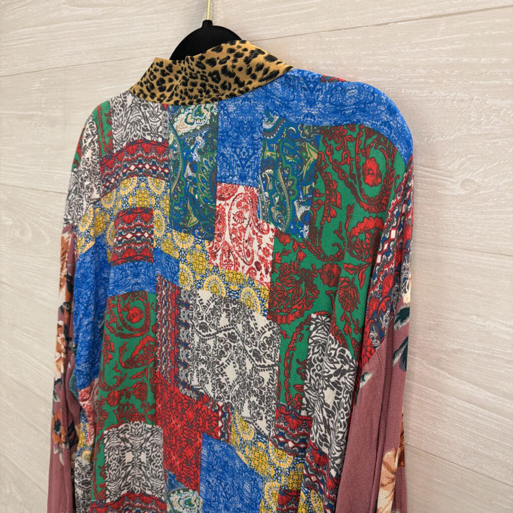Oddi Multi Color Print Long Sleeve Open Front Kimono Top 1XL/ 2XL