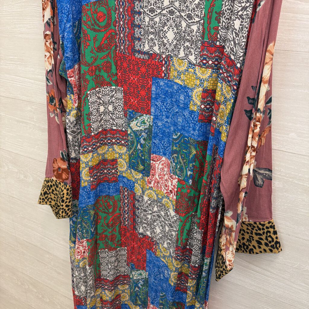 Oddi Multi Color Print Long Sleeve Open Front Kimono Top 1XL/ 2XL