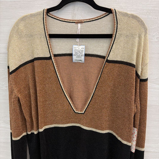 Free People Gold/ Copper Shimmer Striped V Neck Sweater Top Large