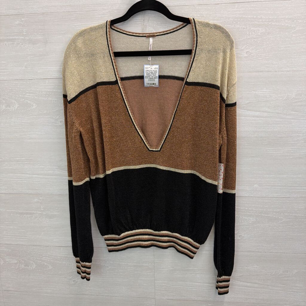 Free People Gold/ Copper Shimmer Striped V Neck Sweater Top Large