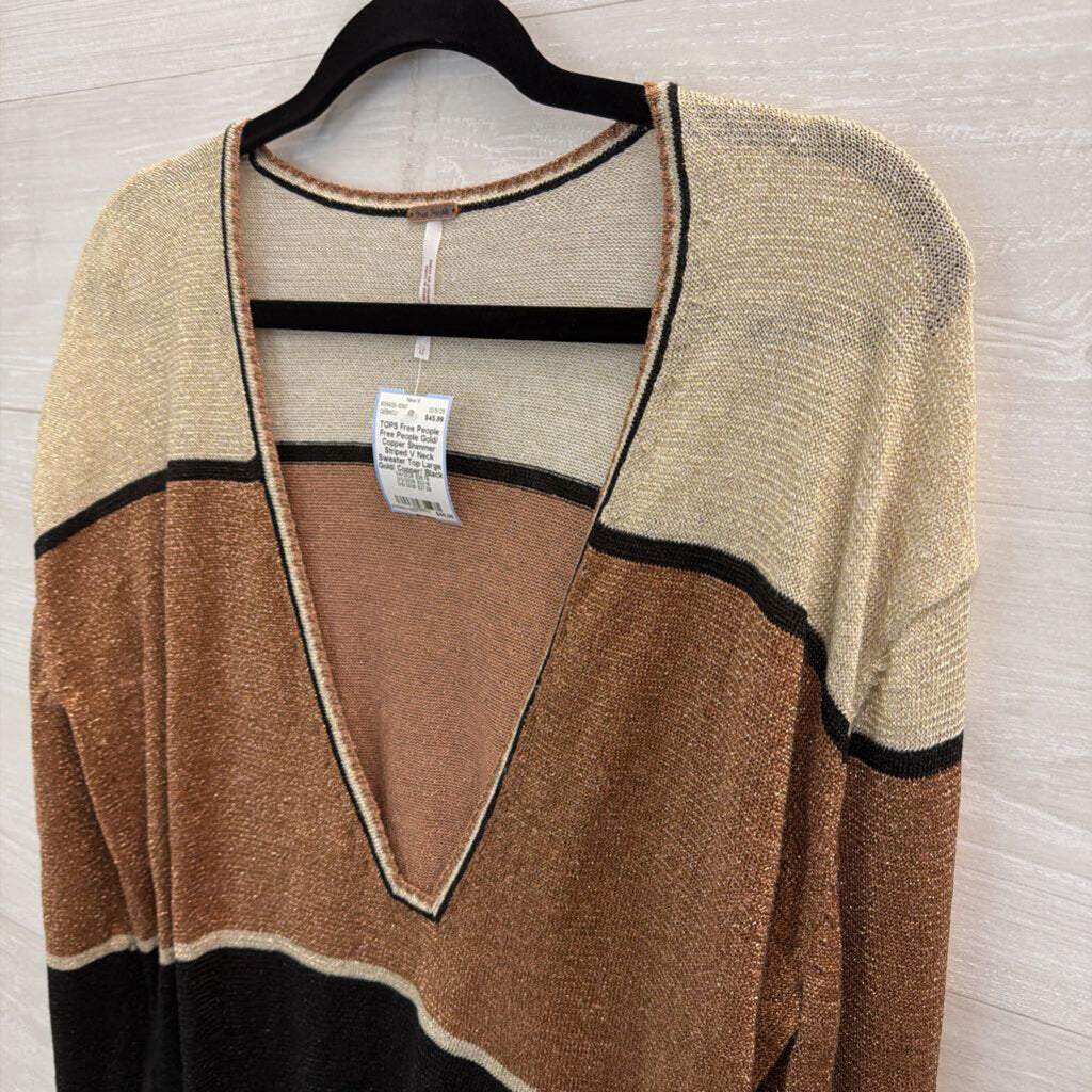 Free People Gold/ Copper Shimmer Striped V Neck Sweater Top Large