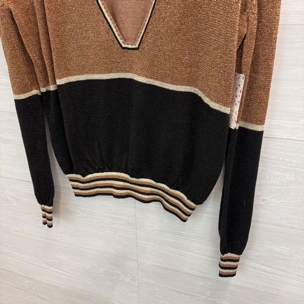 Free People Gold/ Copper Shimmer Striped V Neck Sweater Top Large