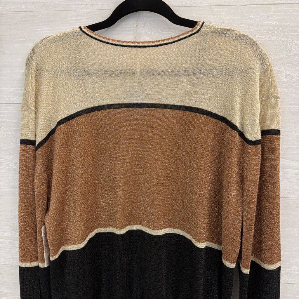 Free People Gold/ Copper Shimmer Striped V Neck Sweater Top Large