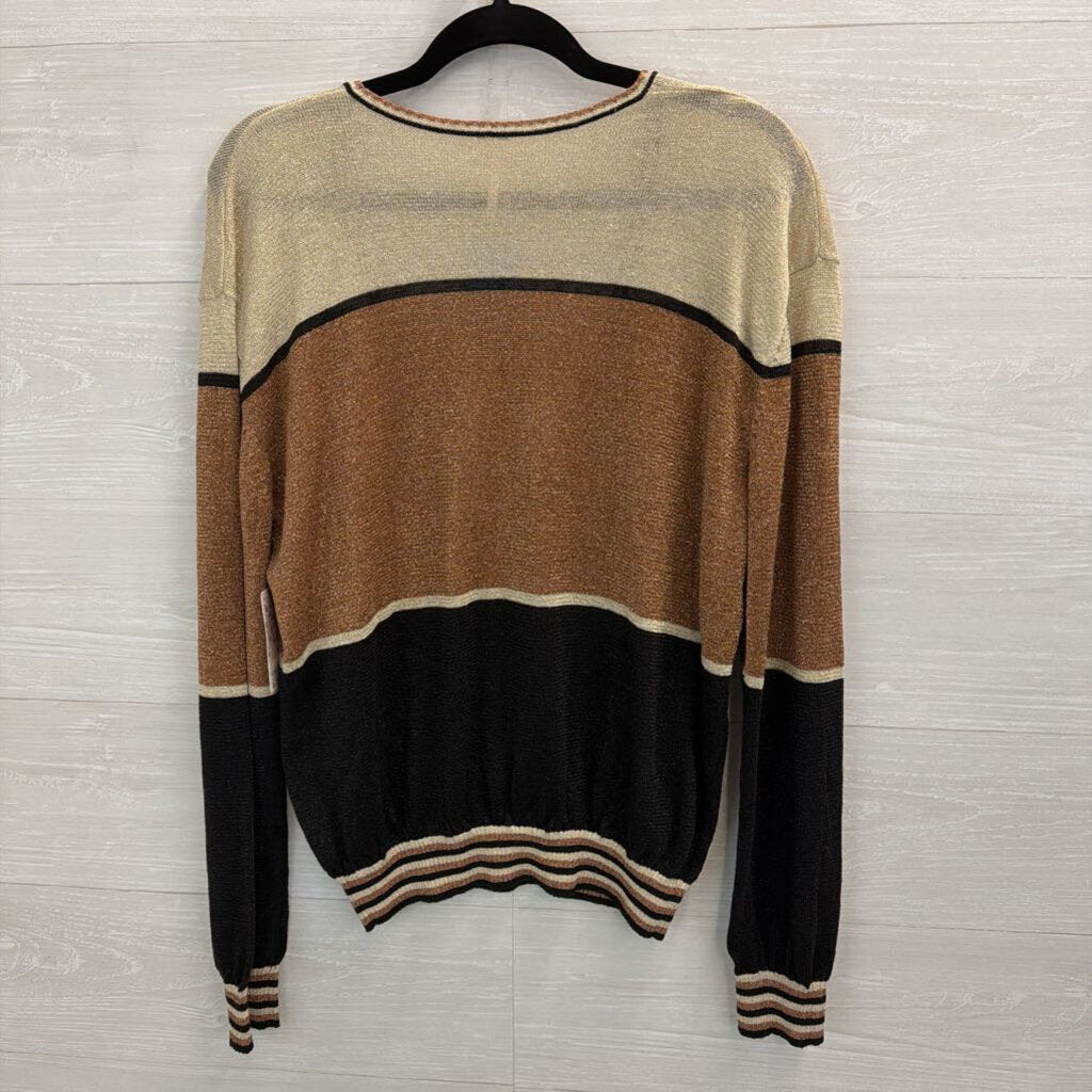 Free People Gold/ Copper Shimmer Striped V Neck Sweater Top Large