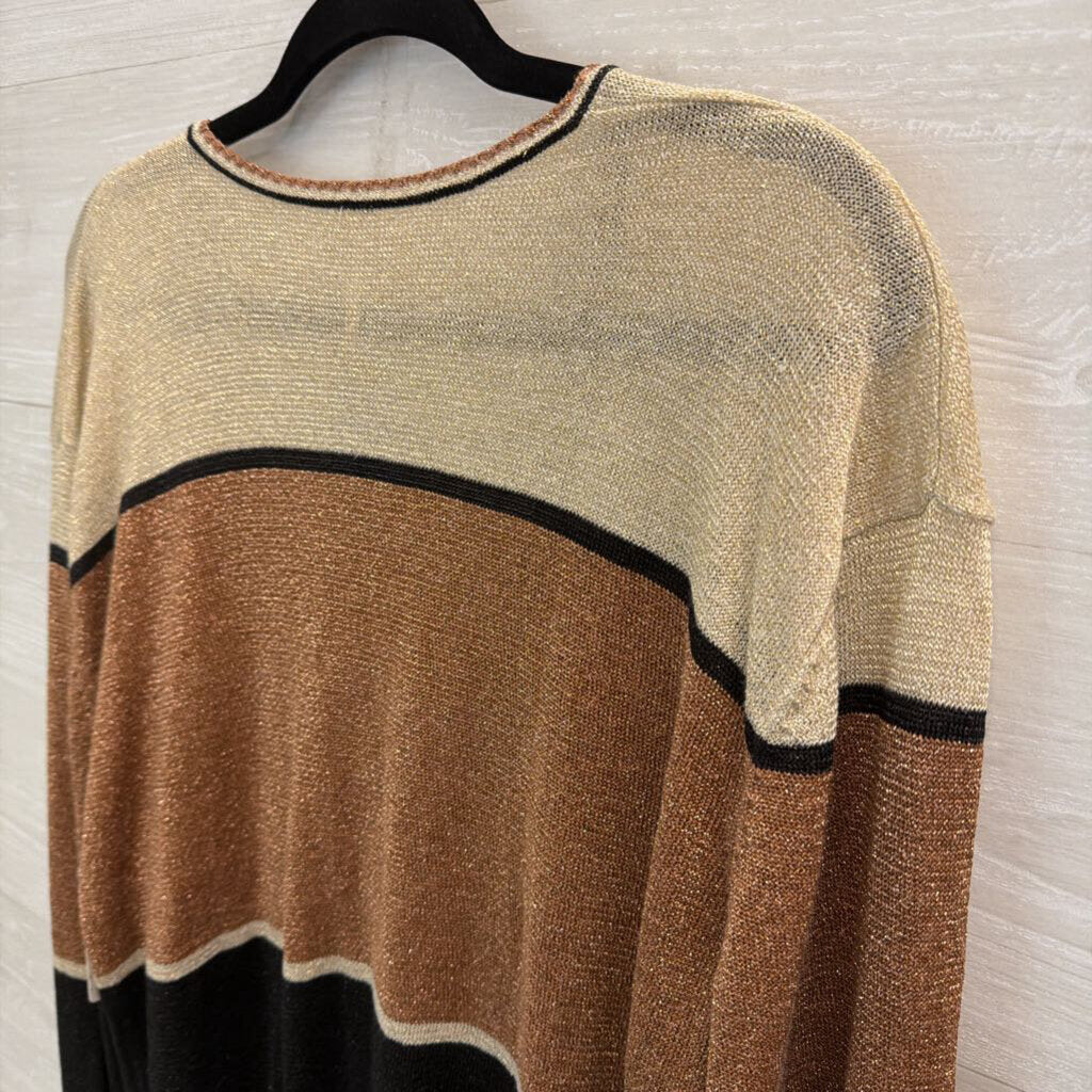 Free People Gold/ Copper Shimmer Striped V Neck Sweater Top Large