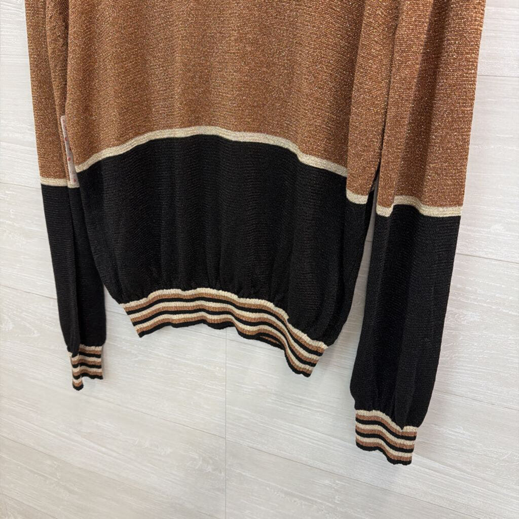 Free People Gold/ Copper Shimmer Striped V Neck Sweater Top Large