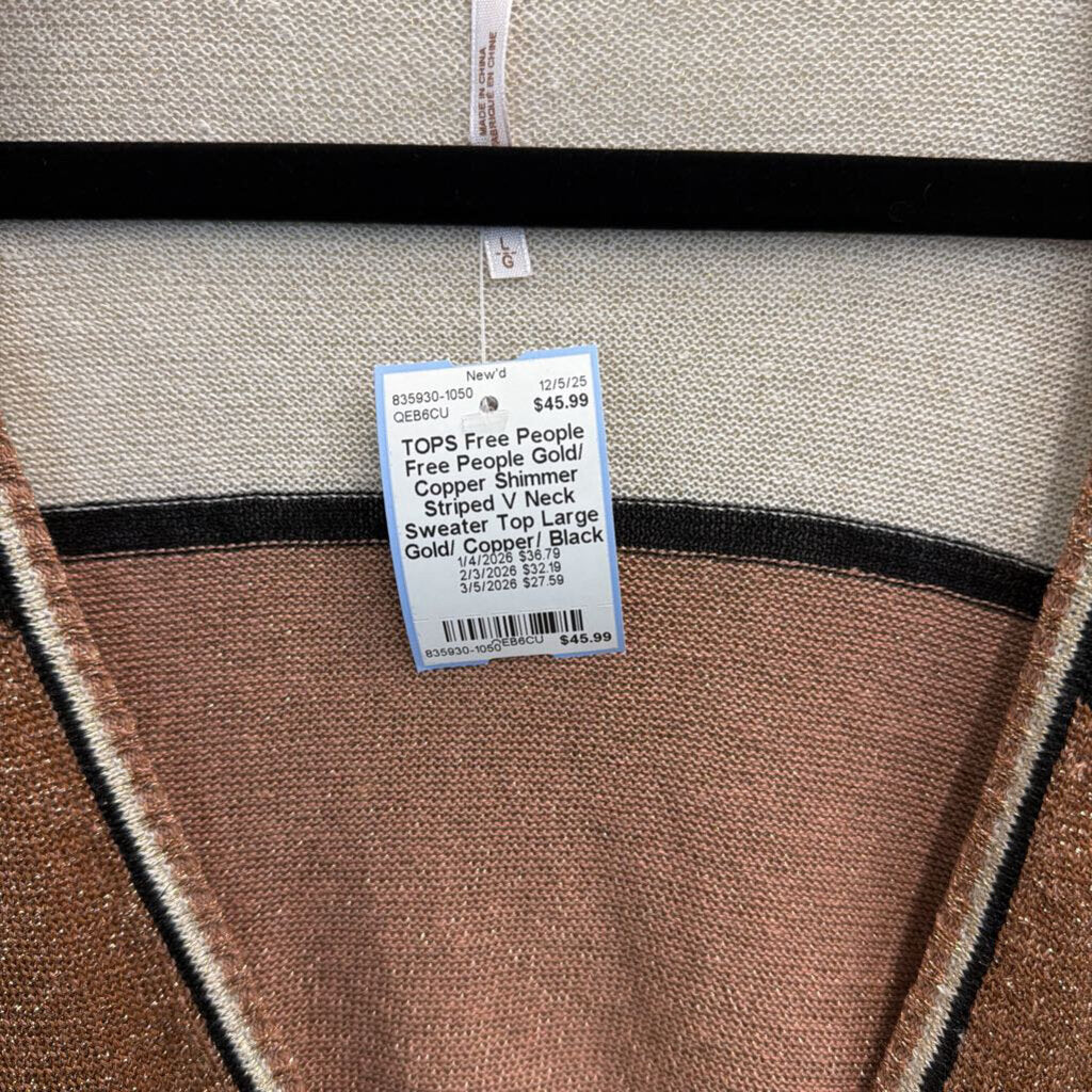 Free People Gold/ Copper Shimmer Striped V Neck Sweater Top Large