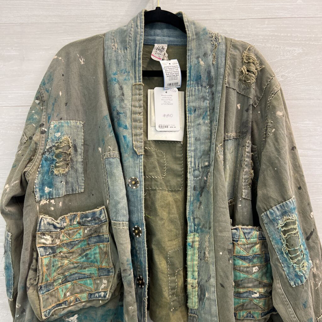 Magnolia Pearl Blue Cotton Twill Tucumcari Kimono Quilt Work Detail Jacket One Size