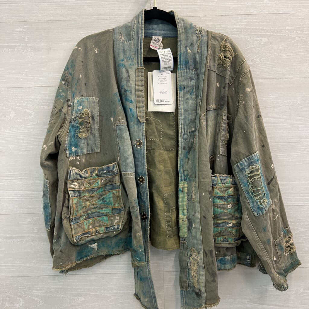 Magnolia Pearl Blue Cotton Twill Tucumcari Kimono Quilt Work Detail Jacket One Size
