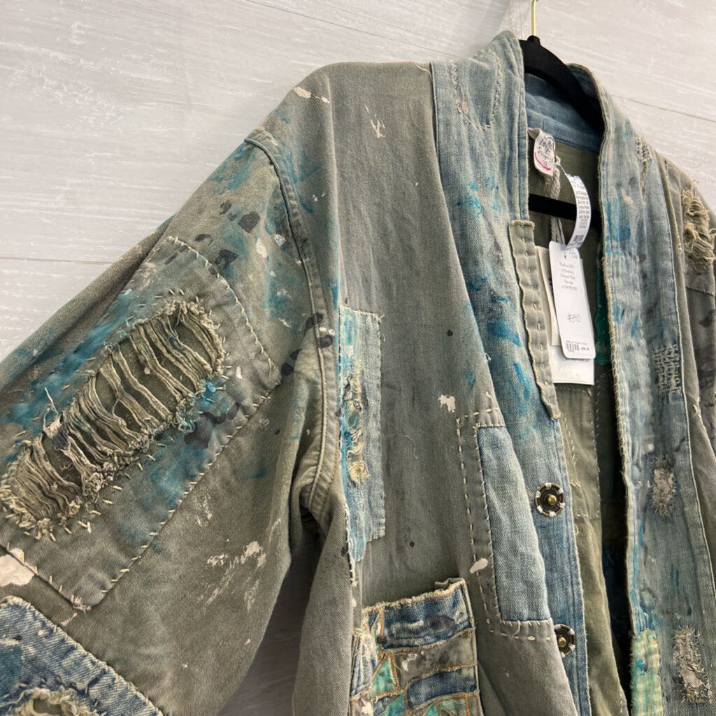 Magnolia Pearl Blue Cotton Twill Tucumcari Kimono Quilt Work Detail Jacket One Size