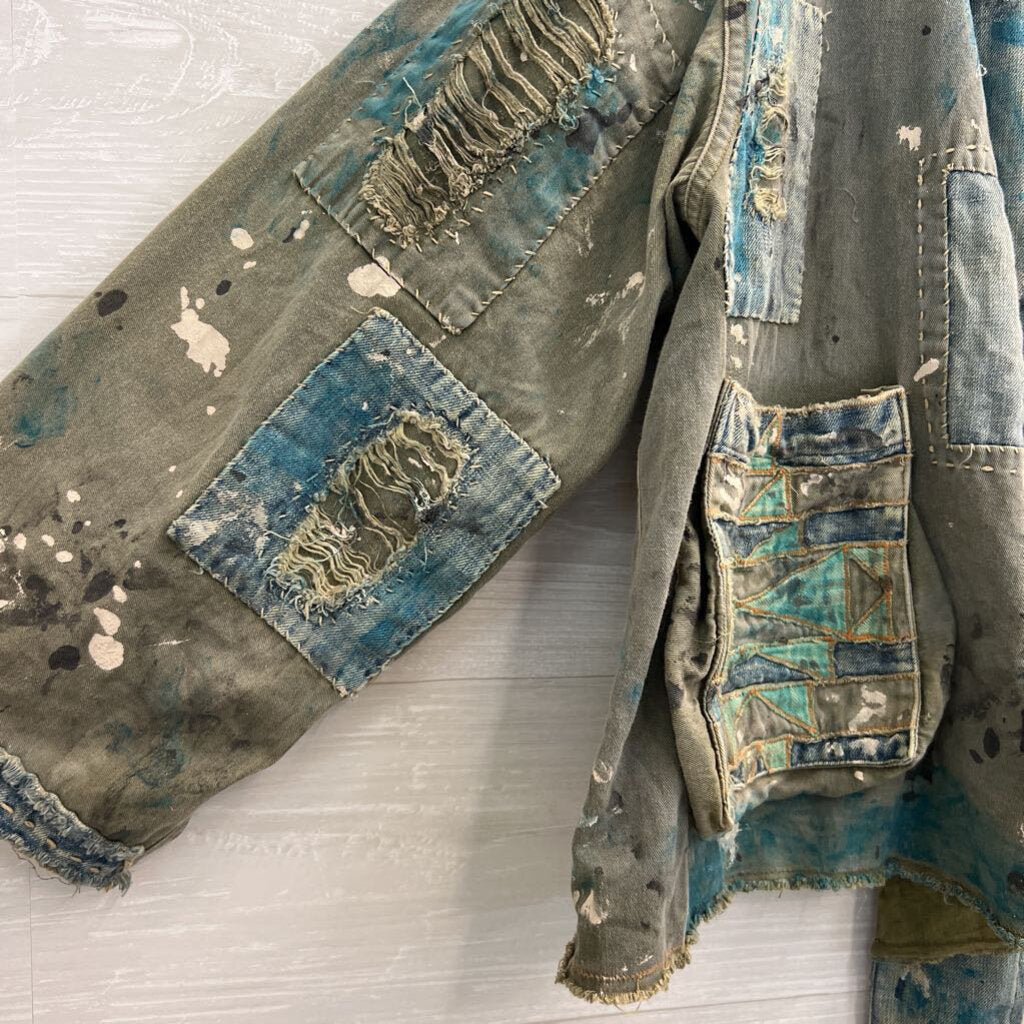 Magnolia Pearl Blue Cotton Twill Tucumcari Kimono Quilt Work Detail Jacket One Size