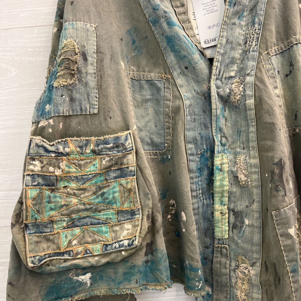 Magnolia Pearl Blue Cotton Twill Tucumcari Kimono Quilt Work Detail Jacket One Size