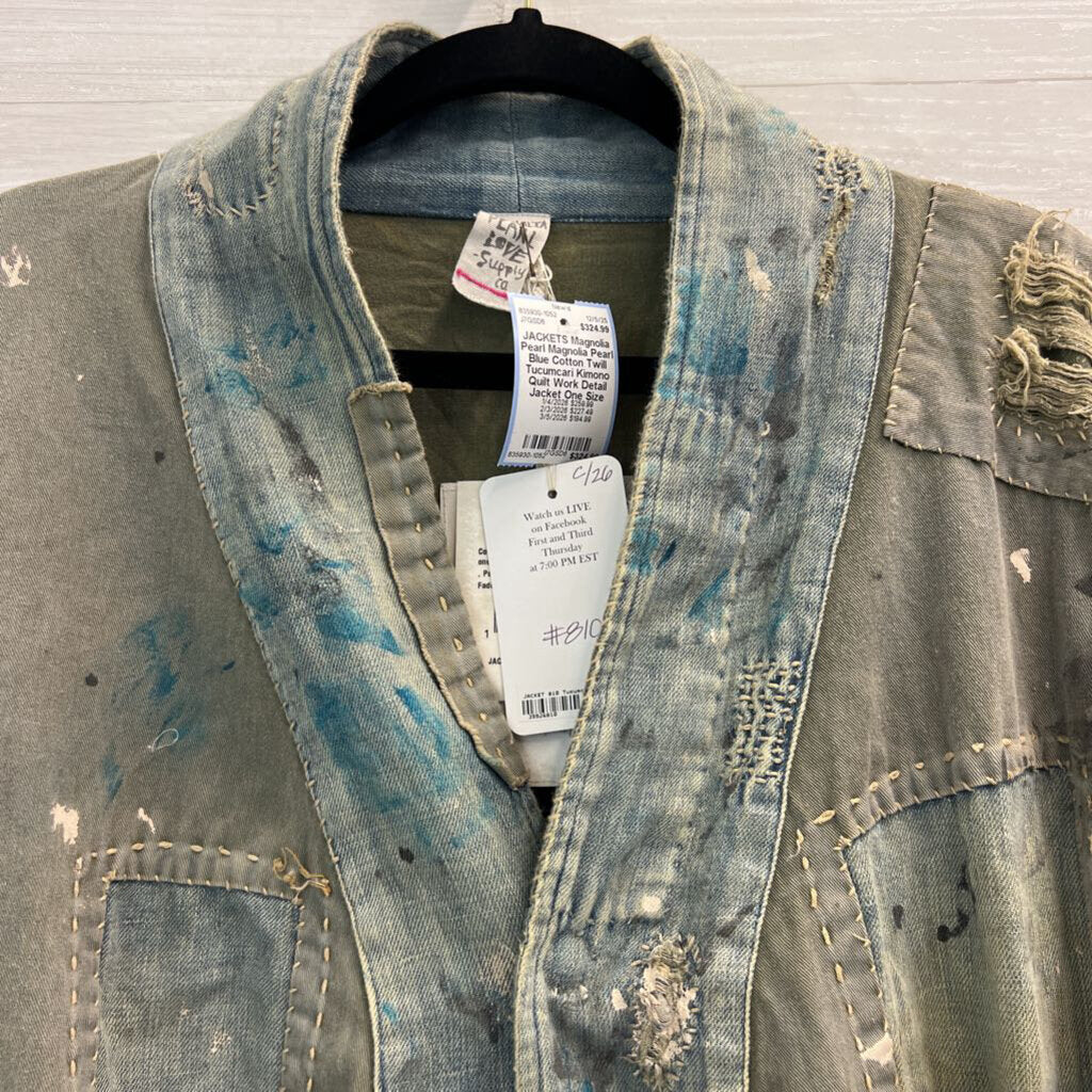 Magnolia Pearl Blue Cotton Twill Tucumcari Kimono Quilt Work Detail Jacket One Size