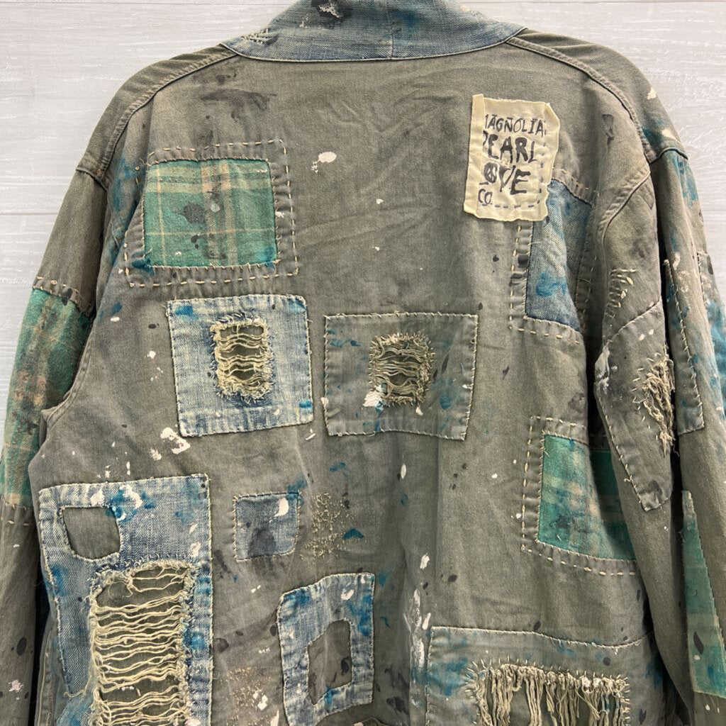 Magnolia Pearl Blue Cotton Twill Tucumcari Kimono Quilt Work Detail Jacket One Size