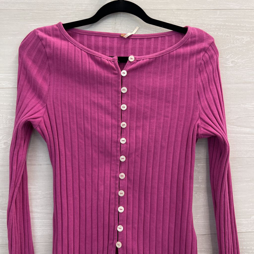 Free People Pink Ribbed Button Front Long Sleeve Top Large