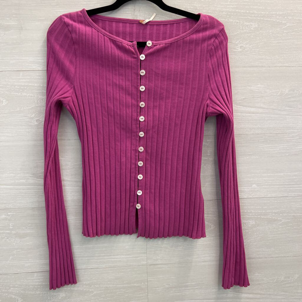 Free People Pink Ribbed Button Front Long Sleeve Top Large