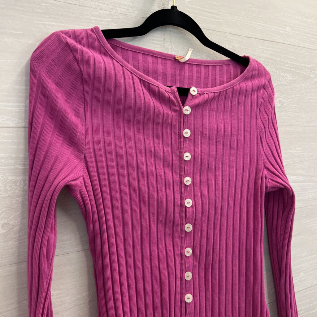 Free People Pink Ribbed Button Front Long Sleeve Top Large