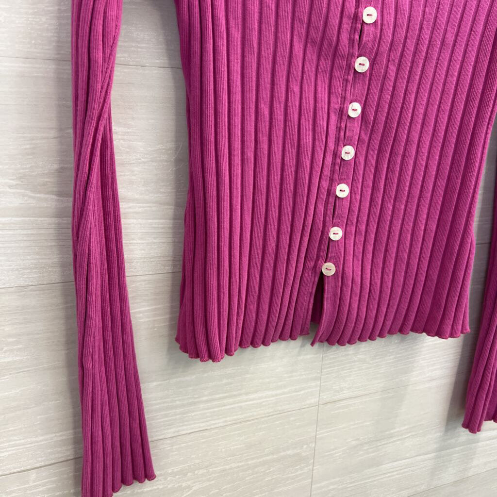 Free People Pink Ribbed Button Front Long Sleeve Top Large