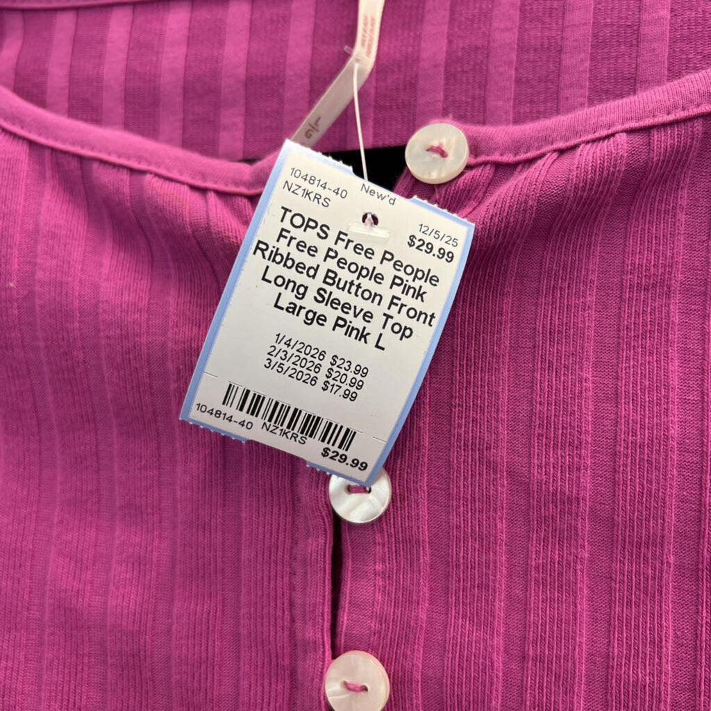 Free People Pink Ribbed Button Front Long Sleeve Top Large