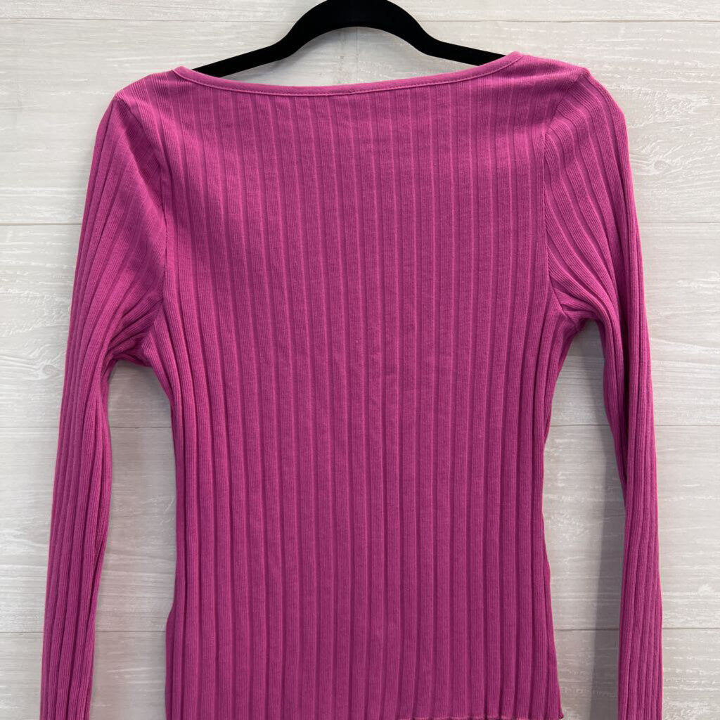 Free People Pink Ribbed Button Front Long Sleeve Top Large
