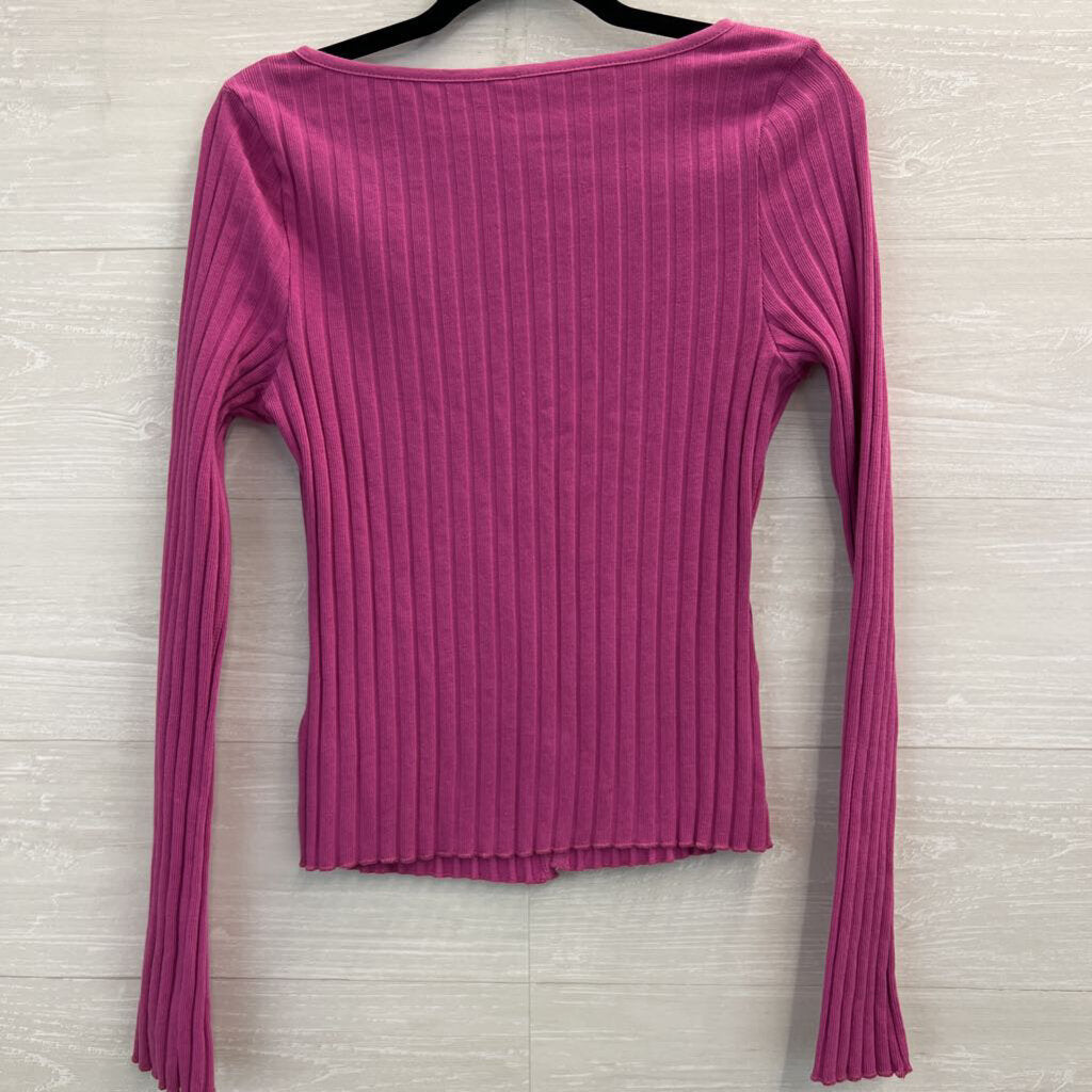Free People Pink Ribbed Button Front Long Sleeve Top Large