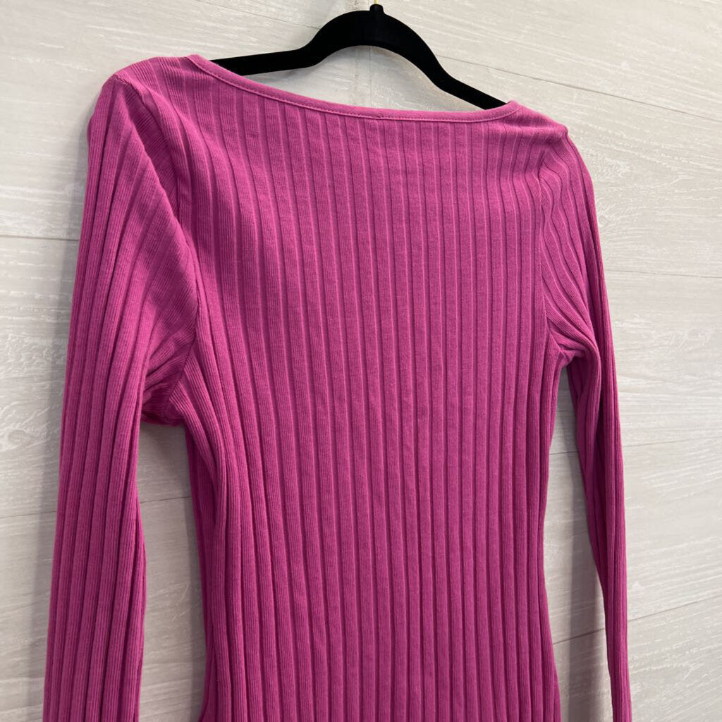 Free People Pink Ribbed Button Front Long Sleeve Top Large