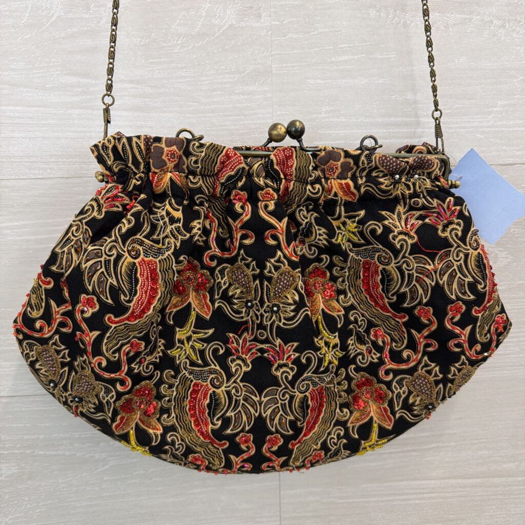 Vintage Braciano Black/ Gold/ Red Beaded Print Purse