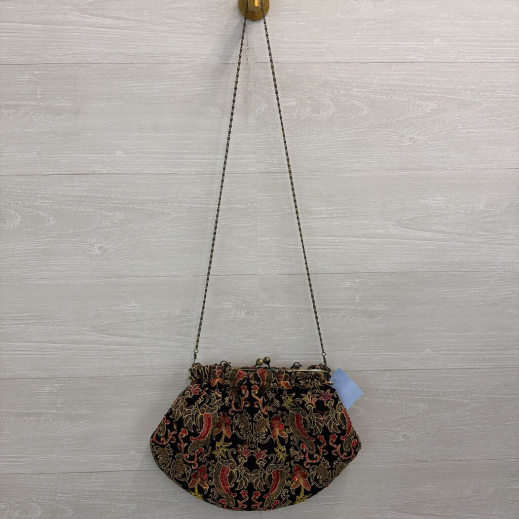 Vintage Braciano Black/ Gold/ Red Beaded Print Purse