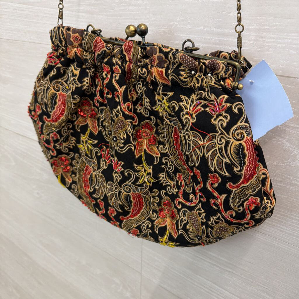 Vintage Braciano Black/ Gold/ Red Beaded Print Purse