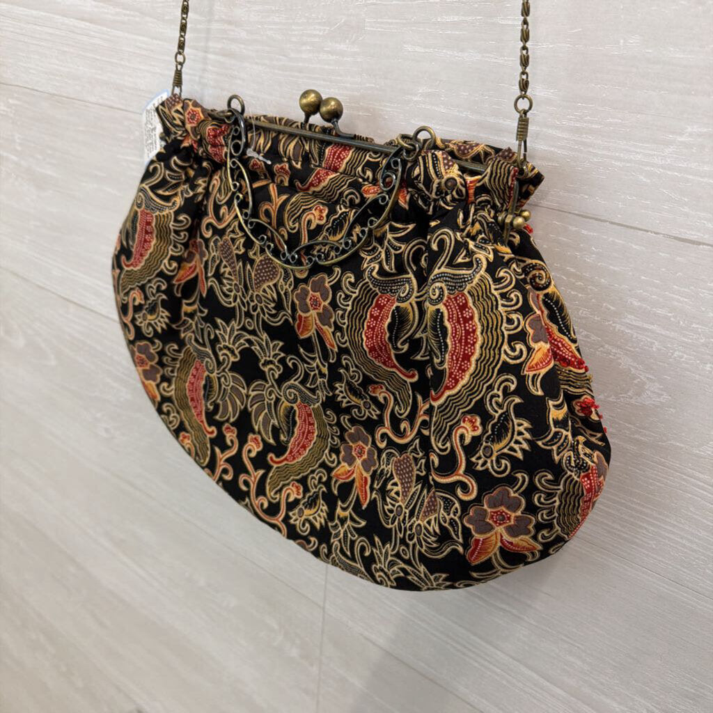 Vintage Braciano Black/ Gold/ Red Beaded Print Purse