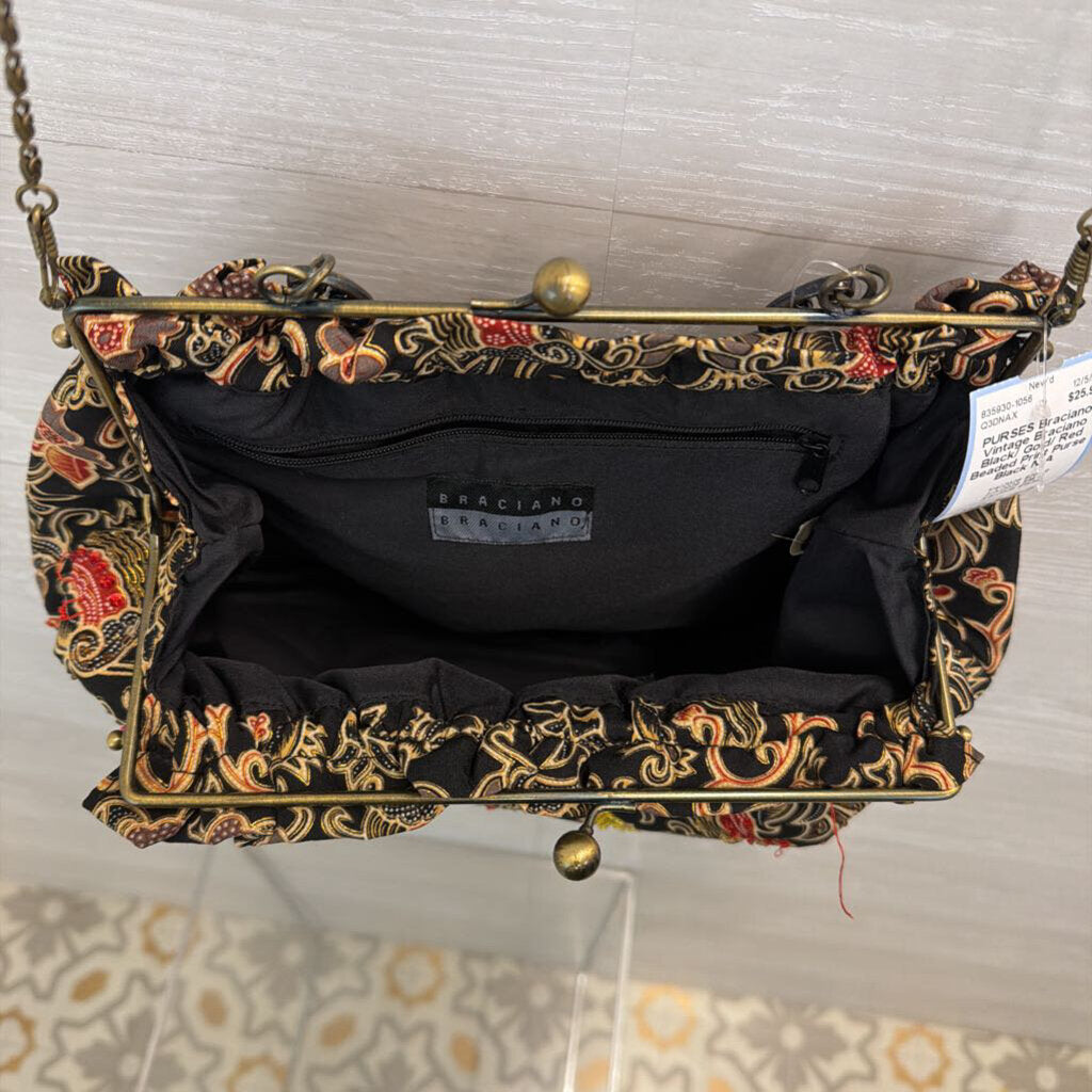 Vintage Braciano Black/ Gold/ Red Beaded Print Purse